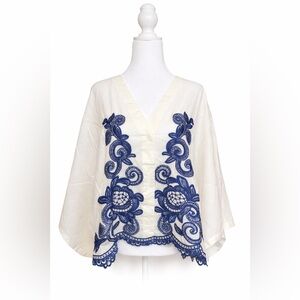 Adiva 1X Ivory & Blue Embroidered Kimono Sleeve Blouse Boho Statement Top